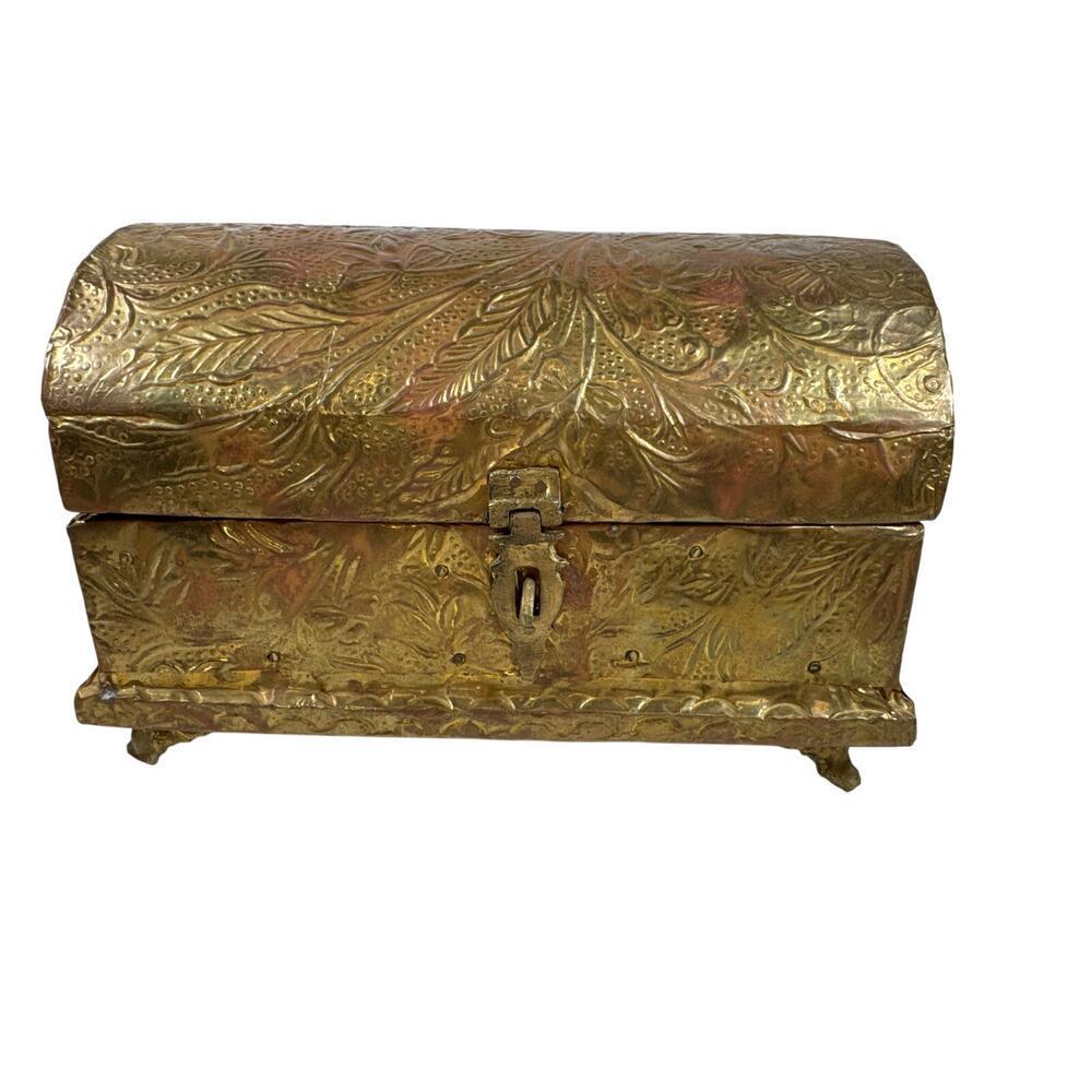 Brass Floral Repousse Covered Domed Footed Chest Box